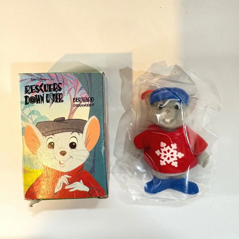 Vintage Disney Rescuers Down Under Bernard Ornament Flocked Figure with Box